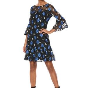 Calvin Klein Blue Ruffled Tiered Fit Bell Sleeve Formal, Cocktail Feminine Dress